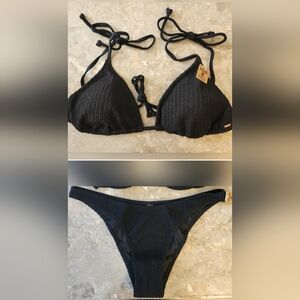 XL/XL VS PINK Swim Crinkle Triangle BikiniTop Crinkle Brazilian Bikini Set Black